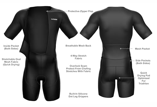 WIXEN Men’s Premium Short Sleeve Triathlon Suit, Padded Aero Tri Suit for Swim Bike Run, Quick-Dry Performance Skinsuit Black/Black