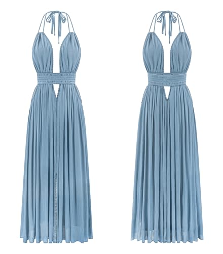Image of R.Vivimos Boho Maxi Dresses for Women 2026 Summer Sleeveless Halter Elastic Waist Sexy Backless Front Slit Flowy Long Dresses