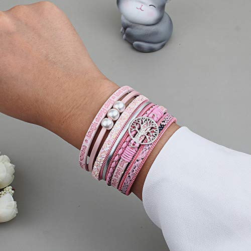 Fancy Shiny Tree Of Life Leather Wrap Bracelet Inspirational Cuff Bangles Boho Pearl Bracelets With Clasp Unique Jewelry Gifts For Women Teen Girls(Pink) #TOP6