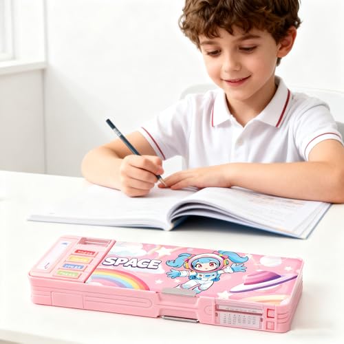 Image of Pop Up Multifunction Pencil Case with Pencil and Eraser, Cute Cartoon Pen Box Organizer Stationery, Sharpener, Schedule, Best Birthday Gifts for Kids Teens(Pink astronaut)