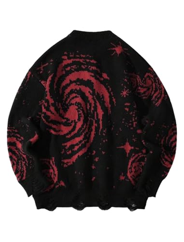 ZAFUL Men's Hip Hop Casual Sweater Crew Neck Baggy Distressed Holes Vintage Starry Sky Pattern Pullover Knitwear Sweater2
