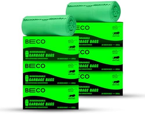 Beco Eco-Friendly Garbage Bags | 180 Pcs | Small- 17 x 19 Inches | 30 Bags x 6 Rolls | Green | Dustbin/Trash Bags with Detachable Drawstrings | For Dry & Wet waste