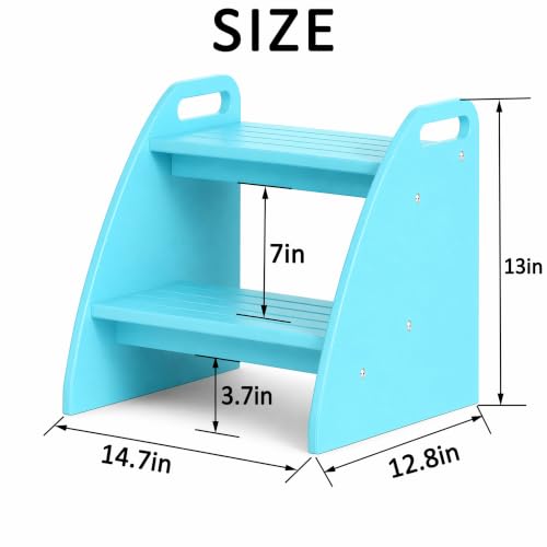 Image of Bamboo 2 Step Stool 300lbs Capacity, Wooden Two Step Stool with Non-Slip Handles, Heavy Duty Stepping Stool for Bedside High Beds Adults, Sturdy Small Bathroom Kitchen Blue Step Stool