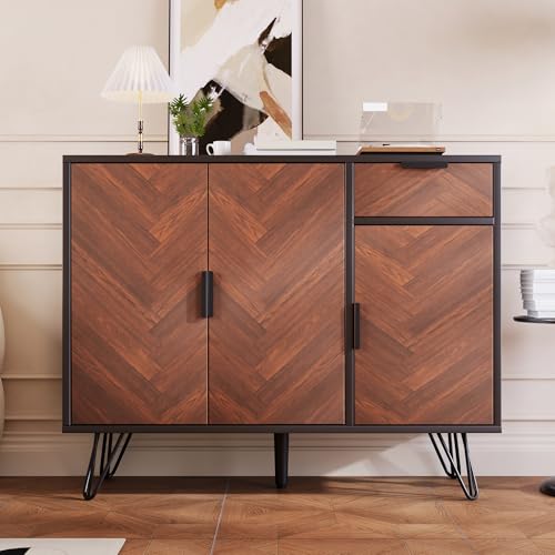 BTM Buffet de Salon, Meuble de Rangement avec 3 Portes et 1 Tiroirs, Étagères Réglables, Buffet en Bois pour Salon, Couloir et Cuisine, 90x30x71.5, Noir et Brun Rougeâtre