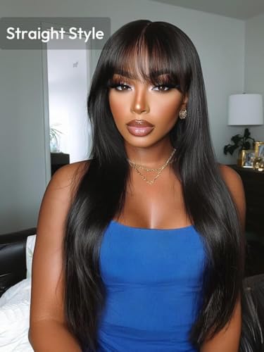 Image of UNICE Loose Wave 7x5 Lace Front Wigs Human Hair with Curtain Bangs Bye Bye Knots Glueless Human Hair Wig Pre Plucked Pre Cut Bleached Knots Put on and Go Wig for Women 180% Density 18 Inch