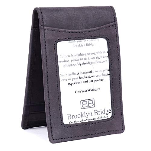 Image of Brooklyn Bridge Genuine Leather Money Clip Wallet for Men Crazy Horse Black - Premium Slim RFID Protected Wallet with Cash Clip & Multiple Card Slots, Stylish Front Pocket Design, Gift for Men