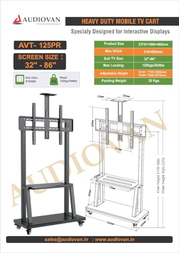 Image of AUDIOVAN Premium Interactive Panel Display Stand Heavy Duty Heights Adjustment Floor TV Trolley with Brackets for 32IN|42IN|50IN|55IN|65IN|75IN|85IN|86IN Model : 125PR