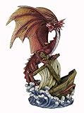 Grande Statue de Dragon de 37 cm, Le dragon des marins. Le dragon se débat avec un bateau comme dans une tempête où un dragon chercherait à saccager un navire. Jolie scène décorative avec des dragons.