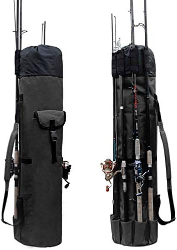 Allnice Sturdy Canvas Fishing Rod & Reel Organizer Bag Travel Carry Case Bag- Holds 5 Poles & Tackle (Black)