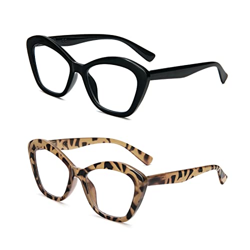 MMOWW Lot de 2 lunettes de lecture pour femme avec yeux de chat - Lunettes anti-bleu confortables et à la mode Cat Eye avec fermeture éclair à ressort, Noir + tortue, 2.5 Cover