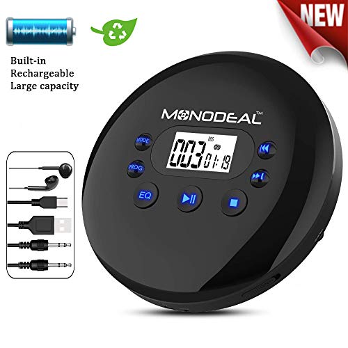 Portable CD Player with Anti-Skip Protection，Monodeal Rechargeable Personal Disc Player with Drive-by-Wire Earphones