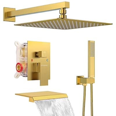 EMBATHER Shower System with Tub Spout, 10 Inches Tub Shower Faucet Set For Bathroom, High Pressure Rain Shower with Handheld Spray, Brushed Gold (Contain Shower Valve and Trim kit)