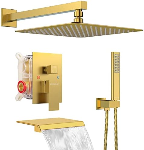 EMBATHER Shower System with Tub Spout, 10 Inches Tub Shower Faucet Set For Bathroom, High Pressure Rain Shower with Handheld Spray, Brushed Gold (Contain Shower Valve and Trim kit)