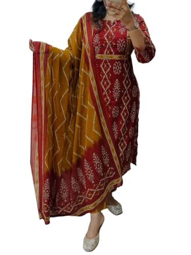 Image of ANNI Designer Women Kurta Set with Dupatta | Cotton Printed Straight Kurta Pant Dupatta Set | 3 Piece Kurti Set for Women | 3 /4 Sleeve Round Neck Cotton Suit for Daily Office Party Wedding