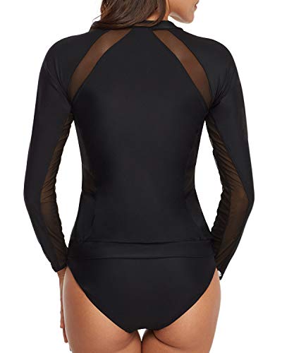 AnnJo Women 2 Piece Mesh High Neck Long Sleeve Zipper Front Rashguard Swimsuits Black Large