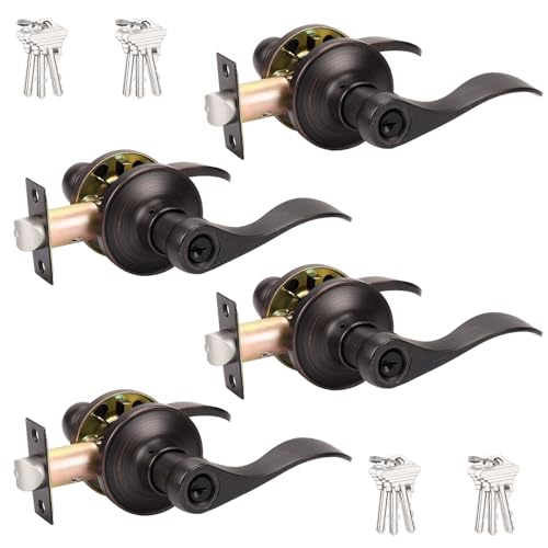 Probrico (4 Pack Entrance Lever Door Handle Oil Rubbed Bronze, Entry Levers Combo Pack, Keyed Alike Door Locks Lockset Contemporary Style, Contractor Pack