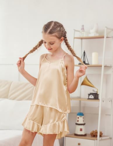 Funnycokid Girls Silk Pajamas Size 6-13 Kids Satin Pjs set 3 Piece Short Sleeve3