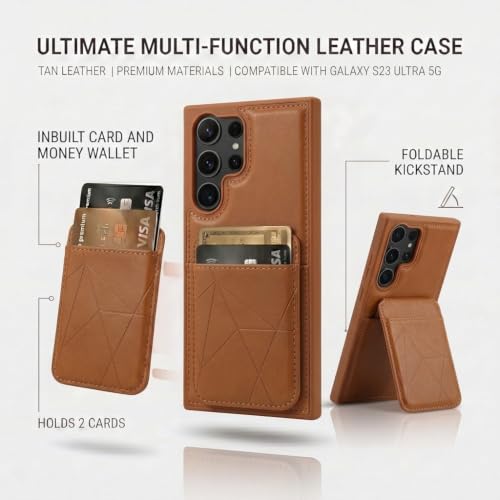 Image of amazon basics Premium Vegan Leather Back Cover with Card Holder and Integrated Mobile Stand for Samsung Galaxy S23 Ultra 5G - Slim Shockproof Wallet Case with Geometric Stitching [Tan]