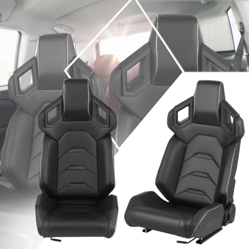 Pair Universal Steel&Vinyl Leather Reclineable Racing Bucket Seats W/Sliders(Black,20.5\"W X 23\"D X 37\"H)
