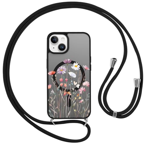 Saqmkil Handyband für iPhone 14/iPhone 13 6,1'' Magnetisch Hülle mit Band, Handyhülle [Kompatibel mit MagSafe] mit Kordel, Transluzente PC Aesthetic Schutzhülle für iPhone 13 zum Umhängen, Blumen 01