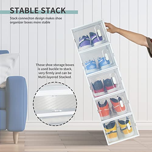 Hrrsaki 12 Pack Large Shoe Storage Boxes, Shoe Boxes Clear Plastic Stackable, Shoe Organizer Boxes With Front Opening Lids, Ventilation And Dust-Proof, Shoe Container Boxes For Closet, Bedroom, Bathroom, Fit For Women/Men Size 13(13.7” X 9.8” X 7.5”) (White) #TOP3