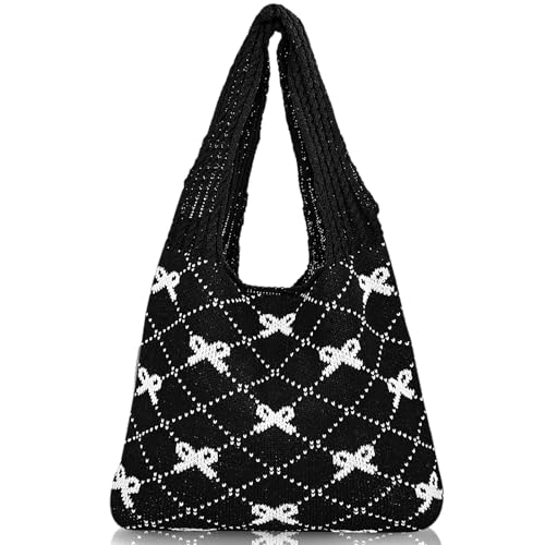 Beach Bags for Women Coquette Bow Bag Purse Cute Crochet Beach Tote Bag Boho Knit Shoulder Purses Travel Vacation