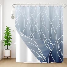 Shower Curtain and Liner Set, Blue Ombre White Striped Line Waves Shower Curtain and Liner with Double-Sided Stainless Steel Hooks, 3-in-1 Waterproof Fabric for Bathroom, 72x72 Inch