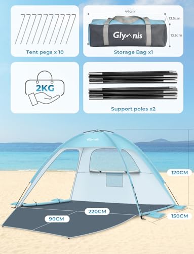 Glymnis Beach Tent Sun Shelter for 3 Person with UPF 50+ UV Protection, Lightweight & Easy Setup Beach Shade Canopy with Vent Windows & Zippered Door