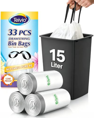 Teivio 15 Liter Small Bin Liners with Tie Tap 33 Counts Strong Drawstring Pedal Bin Bags Fit 10-15L Trash Can Waste Paper Bin Bags for Home Office Kitchen Bathroom Bedroom White Toilet Rubbish Bag
