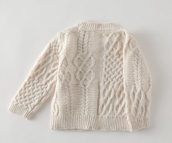 Newborn Baby Two Piece Set, Organic Cotton Cable Knit Cardigan and Knit Overall in Oatmeal Color