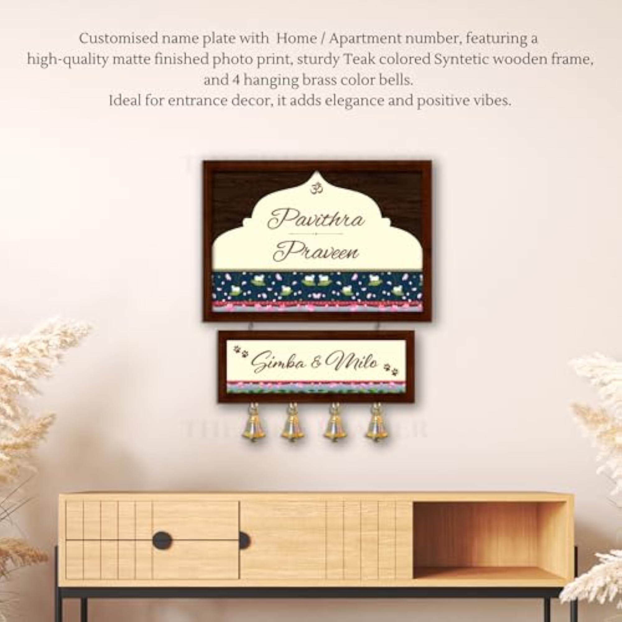 Personalized Brass Bell Wooden Door Plate with Matte Finish