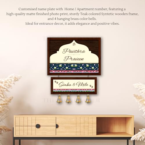 Image of Customised Name Plate for Home Entrance | Wooden Door Name Plate with Brass color Bell & Matte Finish for Home Decor | Personalized with Name & Apartment Number | Two layer Name plate | 10x14 inch | Housewarming Gift (TEAK BROWN)