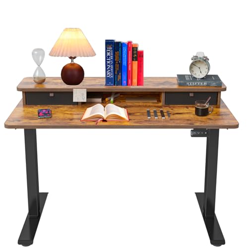 FEZIBO Electric Height Adjustable Standing Desk, 100x60cm, with Double Drawers and Storage Shelf, Rustic Brown