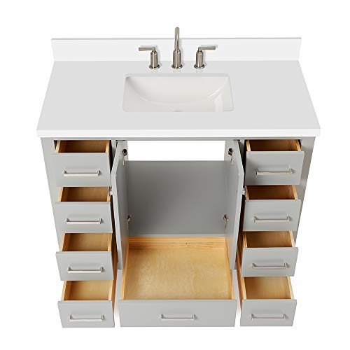 Ariel 43" Inch Grey Bathroom Vanity W/ 1.5" Inch Edge Pure White Quartz Countertop & Backsplash | Rectangular Sink | 2 Soft Closing Doors And 9 Full Extension Dovetail Drawers | Satin Nickel Pulls #TOP3