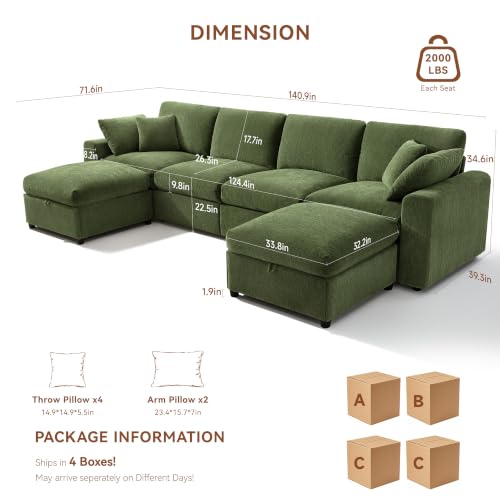 Image of Ihanherry 141 inch Oversized Cloud Sectional Couches for Living Room, Modular Sectional Sofa with Wide Deep Seat, U Shaped Couch with Throw Pillow and Storage Ottoman, Green