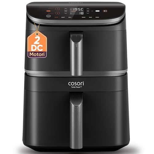 COSORI Turbo Tower Friggitrice ad Aria 10,8L con Cestelli Verticali, Cottura Salvaspazio a 3 Livelli, 2630W, 6 Funzioni, 2 Motori DC, 50+ Ricette Comp