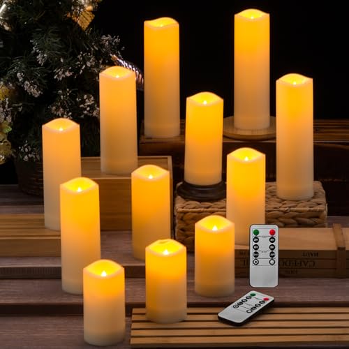 Image of 12-Pack Flameless LED Candles with Remote & Timer, 4 Sizes (3.9 inch to 6.9 inch), Waterproof Outdoor Pillar Candles, Realistic Flame & Steady Light Modes for Wedding, Patio, Party