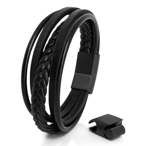 Akitsune Pax Lederarmband | Armschmuck Damen Herren Magnetisch Armband - Mattschwarz - Schwarz 21cm