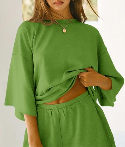 Image of Tankaneo Womens Pajama Sets 3 /4 Sleeve Oversized Tops & Loose Fit Shorts Lounge Set with Pockets Loungewear