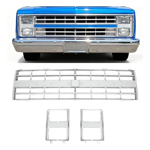 KUAFU Front Grille Grill & Headlight Bezel Compatible with 1985-1988 Chevy C10/C20/C30/K5/K10/K20/K30/R10/R20/R30/V10/V20/V30 Blazer Suburban 15598727 15598728 GM1200140 GM2513126 Chrome