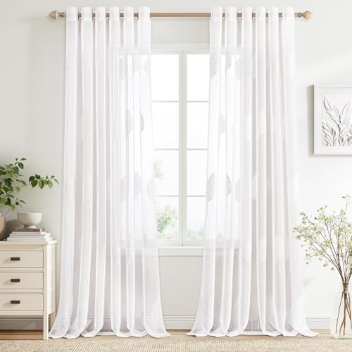 MIULEE Cortinas Salon Modernas con Bordado de Hojas 2 Piezas, Lindas Cortinas Visillos Dormitorio Matrimonio con Ojales, Cortinas Translucidas Salón con Blanco Hojas Motivos 200x245 CM