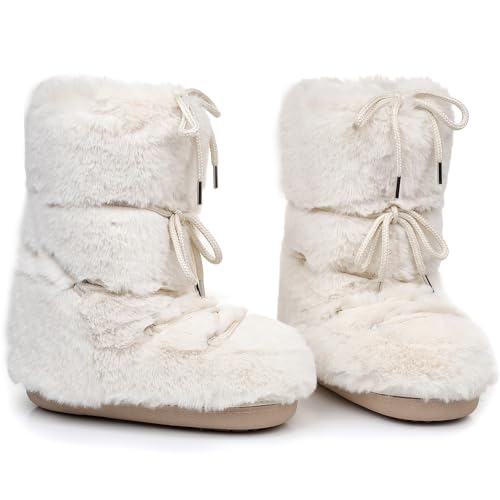 ZHENAIYISHENG Black White Fur Boots, Furry Fuzzy Snow Boots for Women with Faux Fur Lined Non-Slip Lace-up Mid-Calf Ski Boots 2025 (beige, 8, 9) - Thumbnail 6