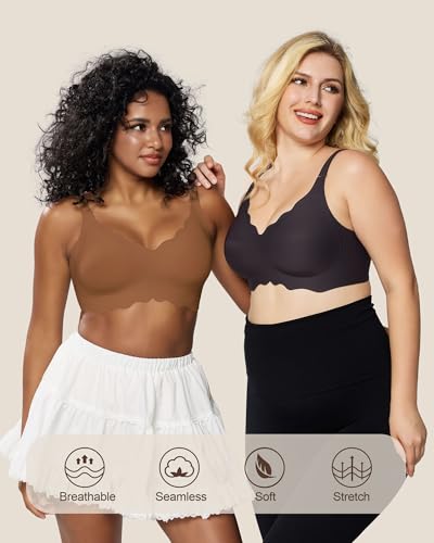 Image of HORISUN Wireless Seamless Bras for Women No Underwire Wavy V Neck Soft Support Full Coverage Comfortable Bra