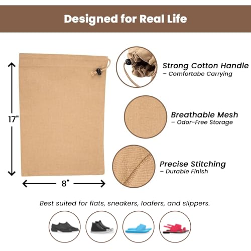 Image of LFH Cotton Rich Shoe Storage Bags with Drawstring, Dustproof Breathable Reusable Organizer, Perfect For Travel, Dorm, Hotel, College, Gym, Easy to Carry, Machine Washable 8 inchx17 inch (Pack of 2) - Beige