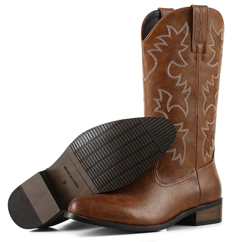 Image of femflame Cowboy Boots for Men Round Toe Distressed Work boots Embroidered Western Boots Traditional Country Boot