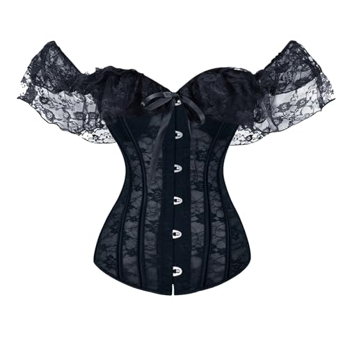 Korsett Damen Corset Vollbrust Corsage Mit Spitze Ärmel Und Schnürung Trägerlos Korset Bustier Kleid Gothic Oberteil Vintage Corsagen Corsette...