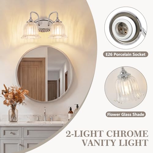 Image of Chrome 2-Light Bathroom Light Fixtures with Floral Glass Shade | Vintage Vanity Lights Wall Sconces Over Mirror for Bathroom Powder Room