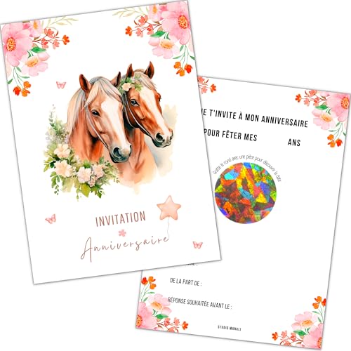 STUDIO MANALI 12 cartes invitation anniversaire à gratter enfant fille et garçon - 12 enveloppes - 12 stickers - theme CHEVAL
