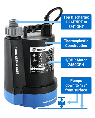 Dekopro Submersible Water Pump 1/3 Hp 2450Gph Utility Pump Thermoplastic Electric Portable Transfer Water Pump With 10-Foot Cord For Pool Tub Garden Pond Draining #TOP2