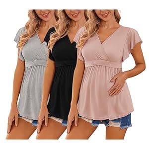 Ekouaer Maternity Shirts 3 Packs Flying Short Sleeve Nursing Tops Pregnancy Clothes
